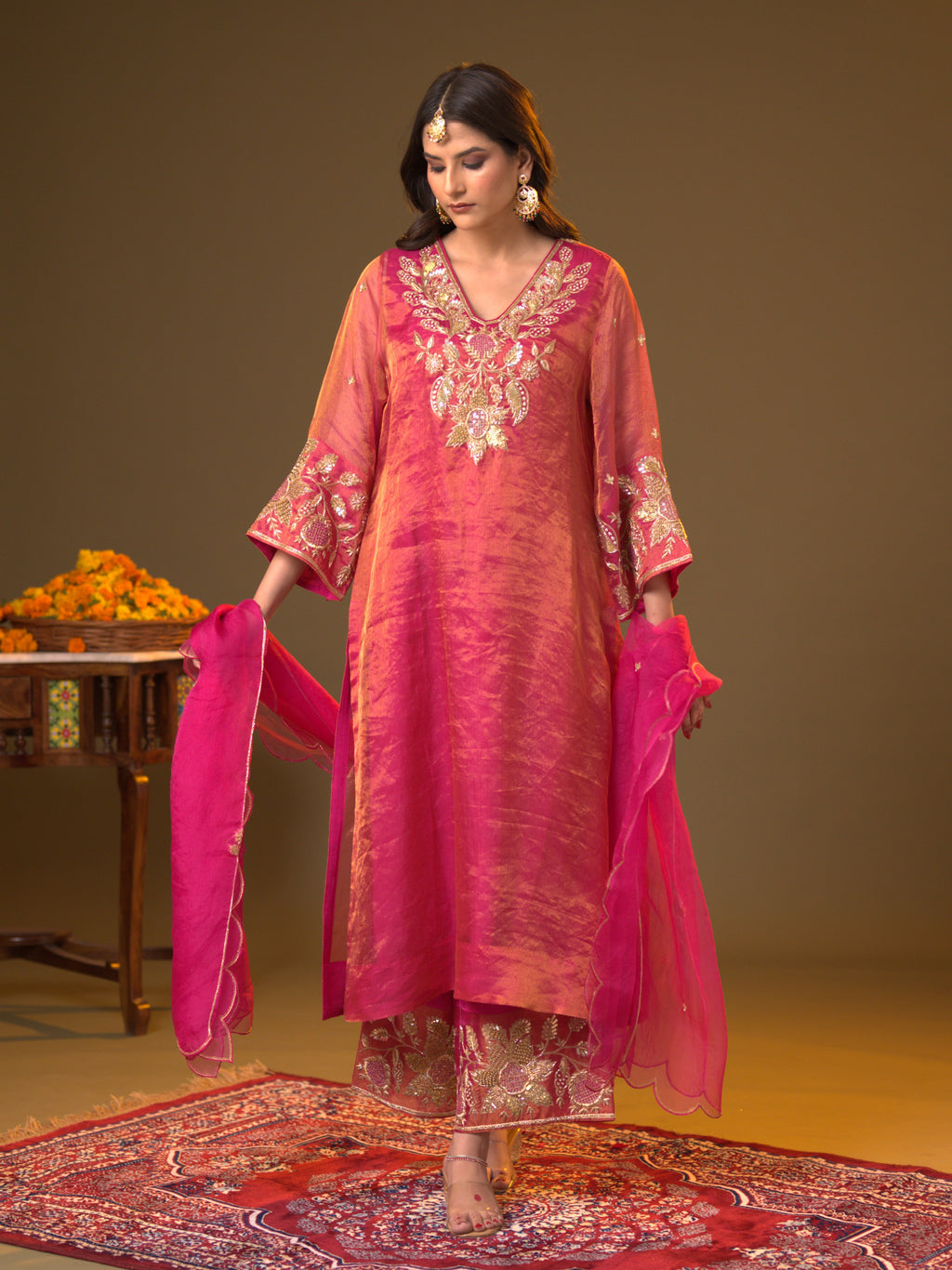 Women's Rani Pink Organza Tissue Kurta Set