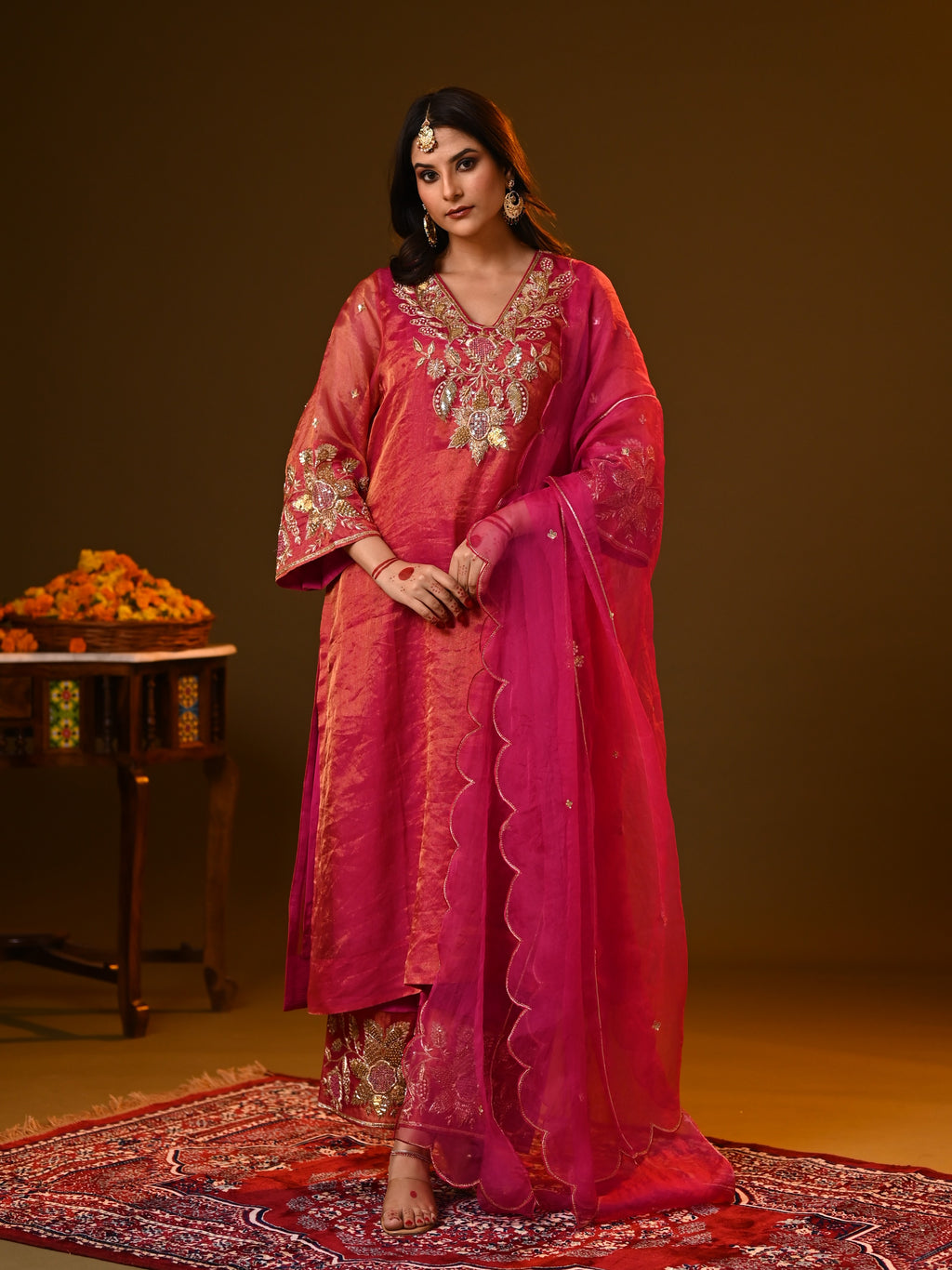 Women's Rani Pink Organza Tissue Kurta Set