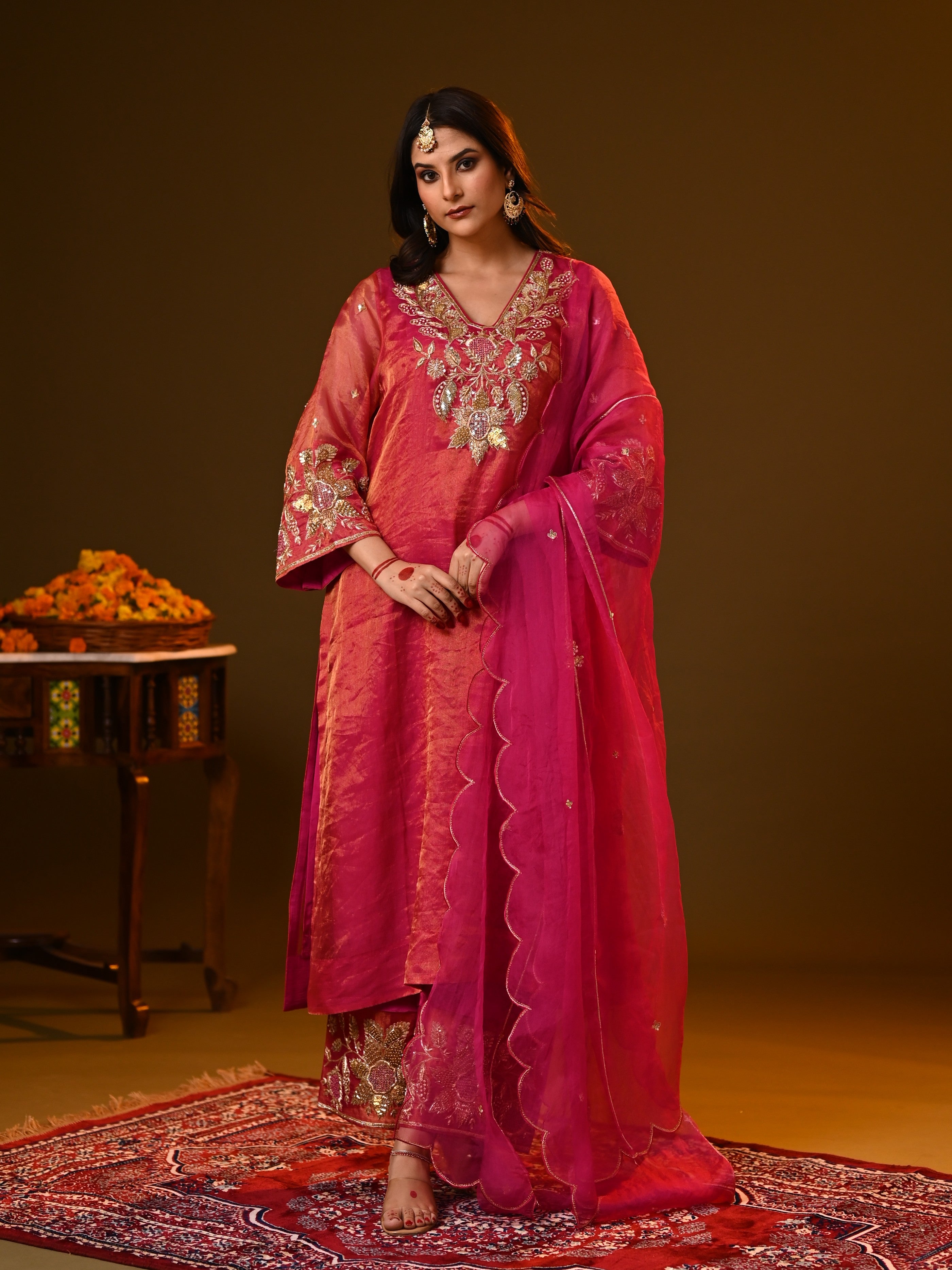 Women's Rani Pink Organza Tissue Kurta Set