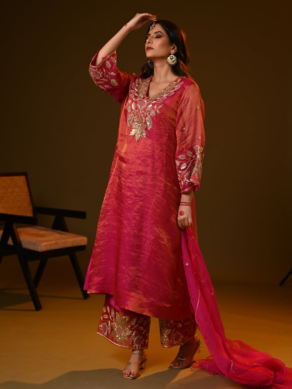 Women's Rani Pink Organza Tissue Kurta Set