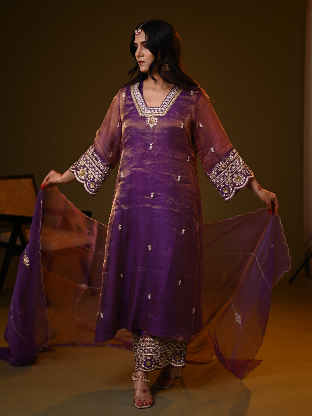 Women's Purple Organza Tissue Kurta Set