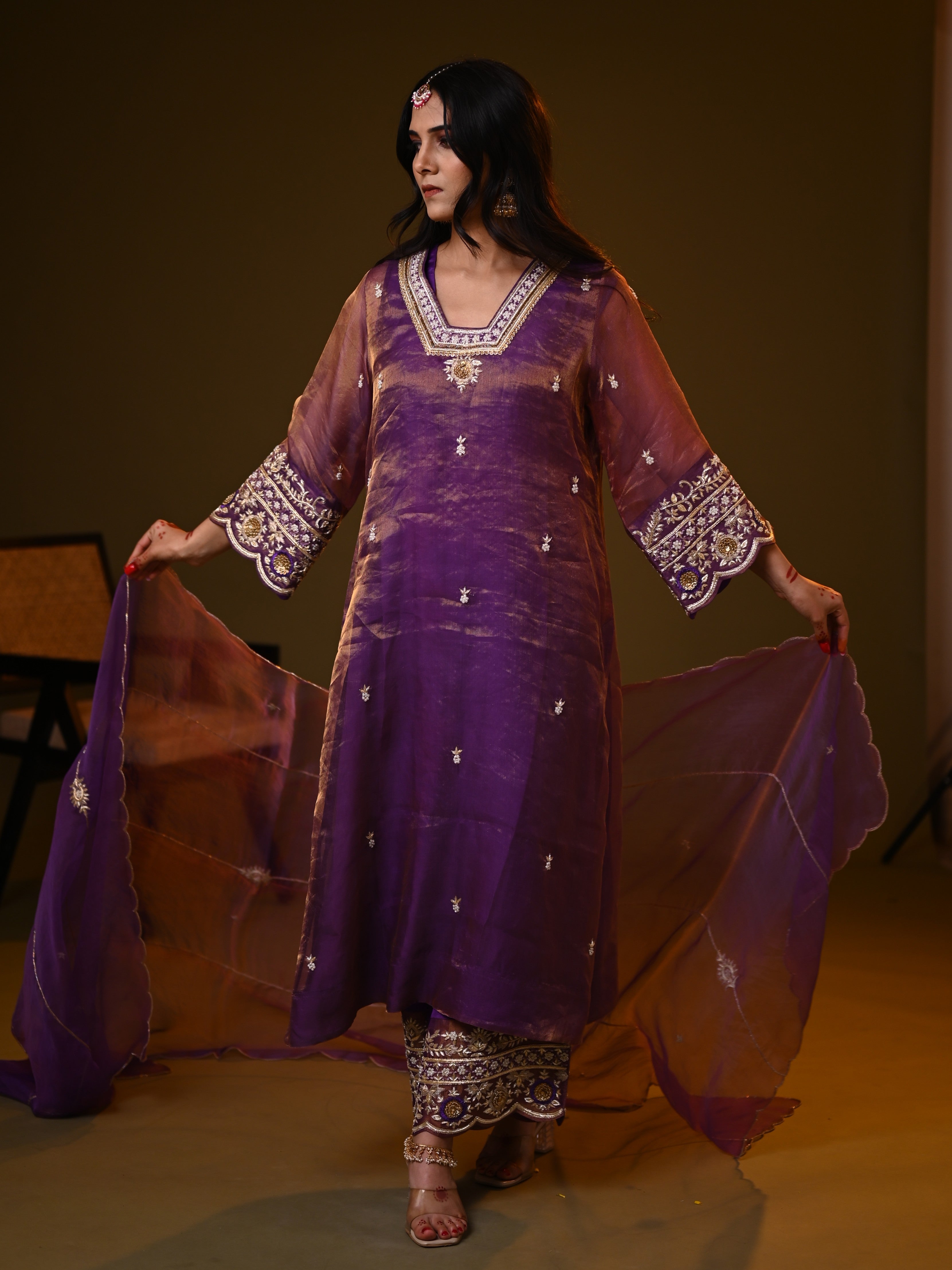 Women's Purple Organza Tissue Kurta Set
