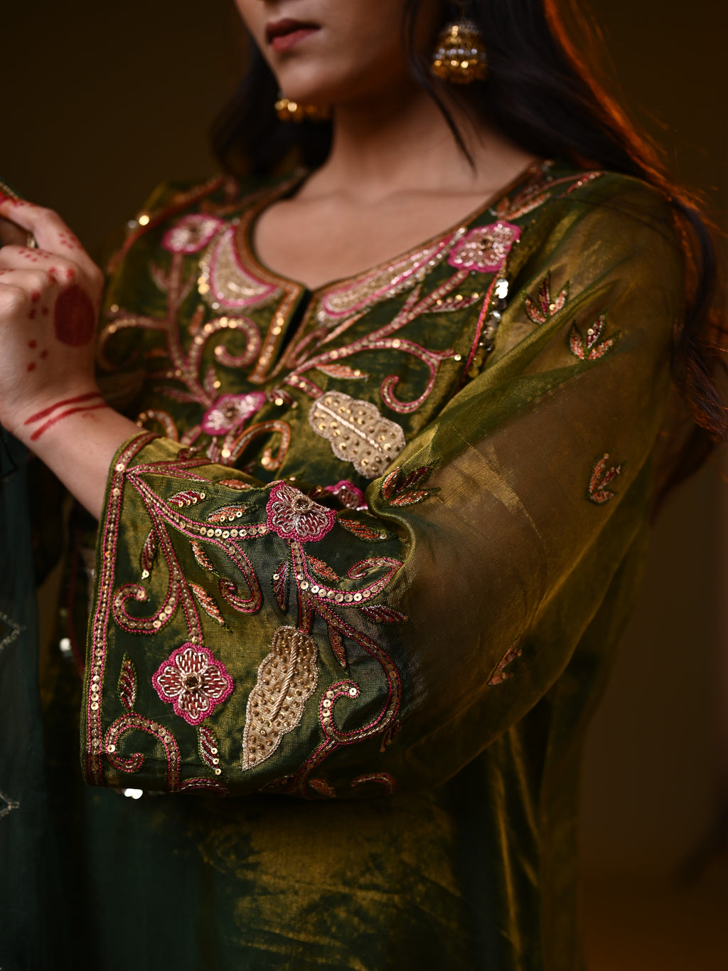 Women's Mehendi Green Organza Tissue Kurta Set