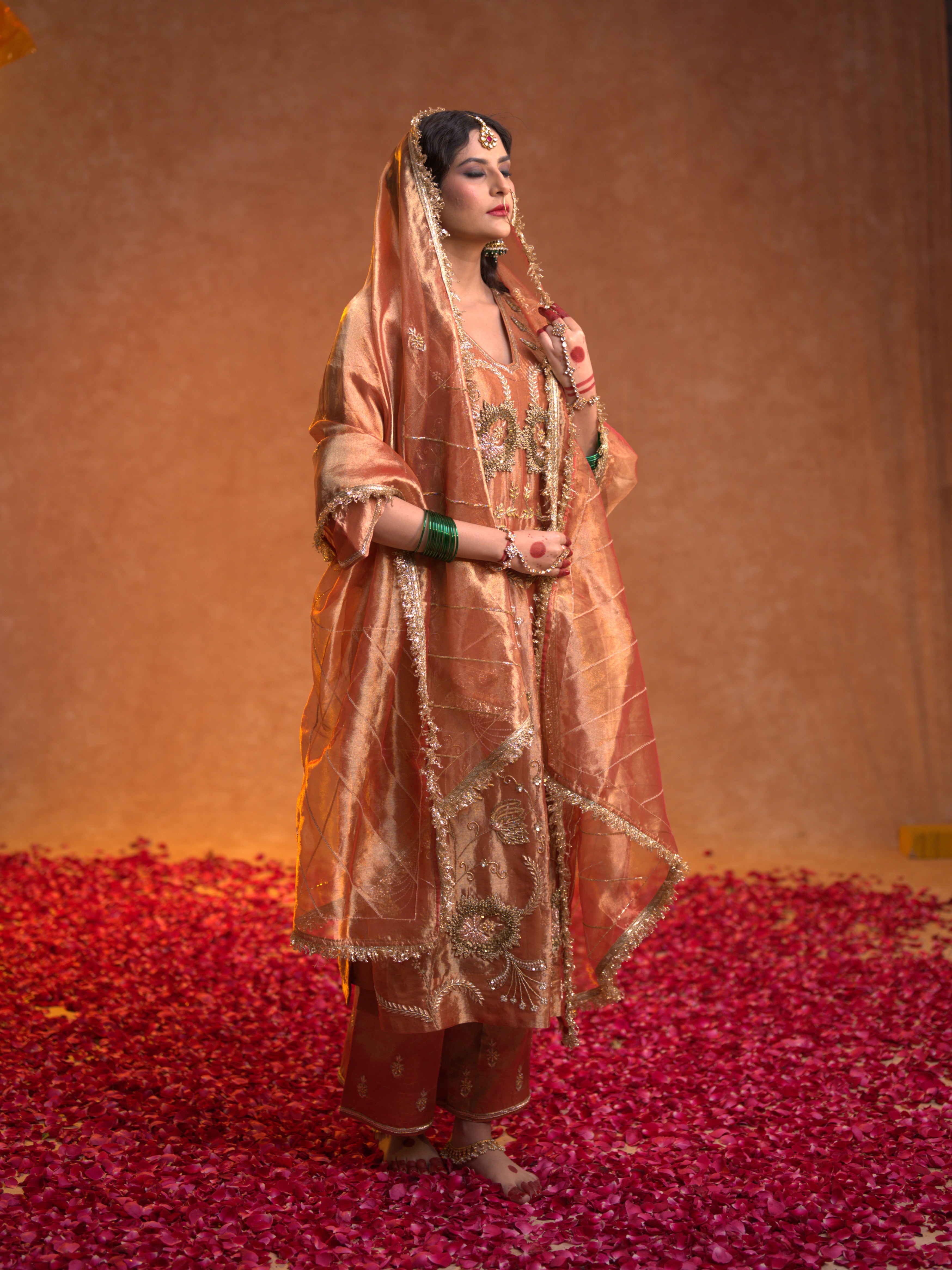 Women's Handcrafted Kora Silk Kurta Set with Mughal Motifs