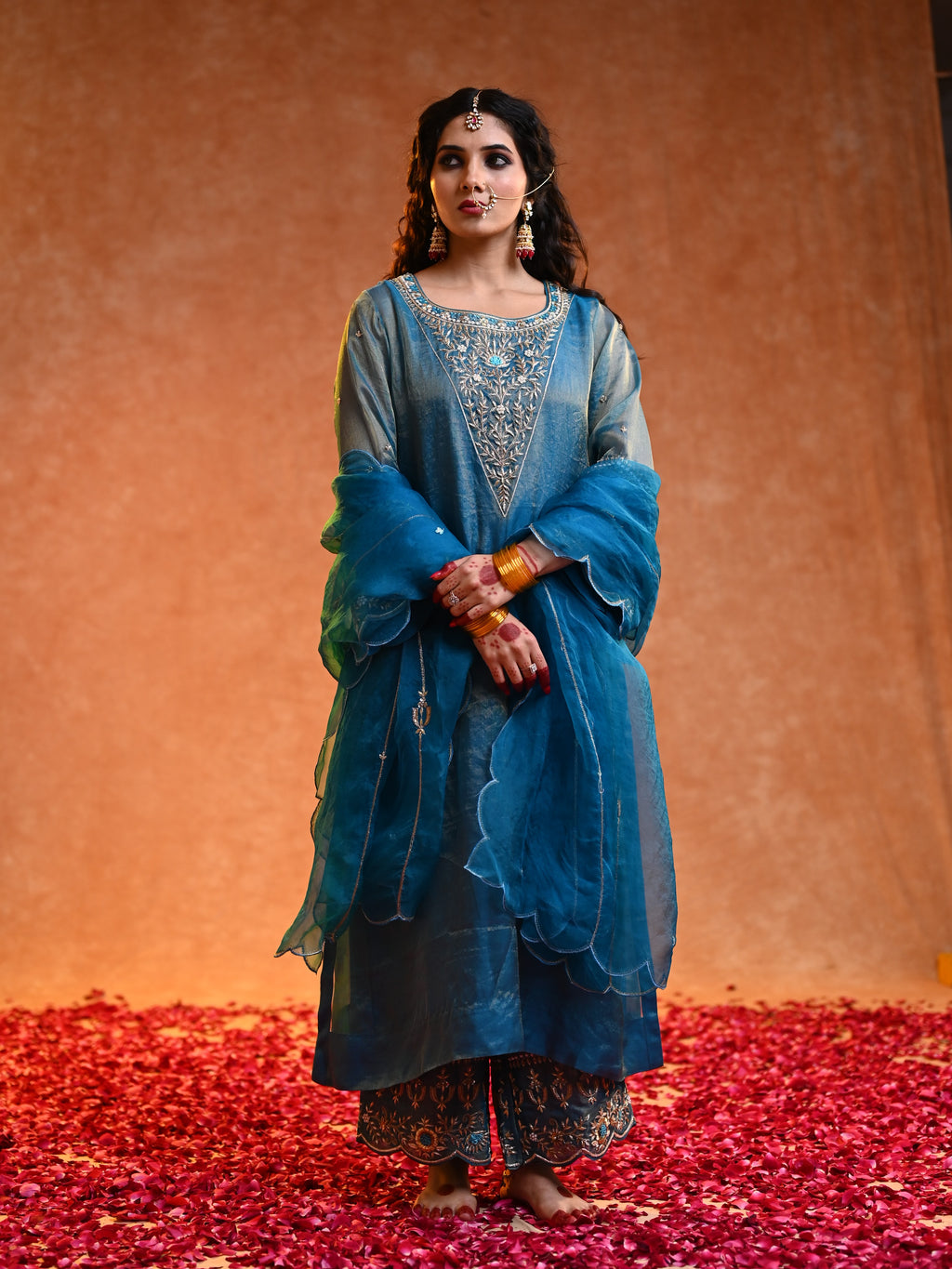 Women's Turquoise Organza Tissue Kurta Set