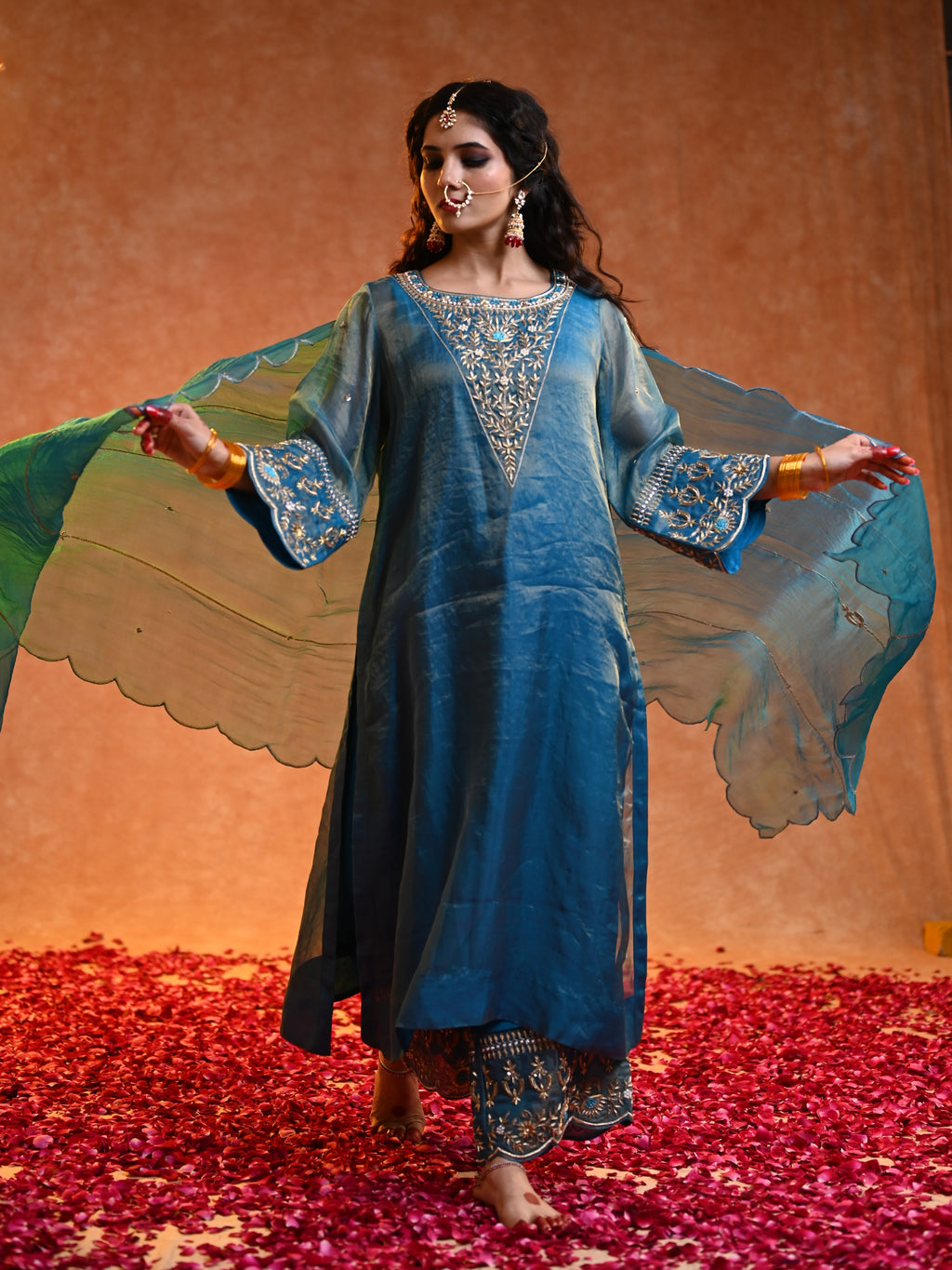Women's Turquoise Organza Tissue Kurta Set