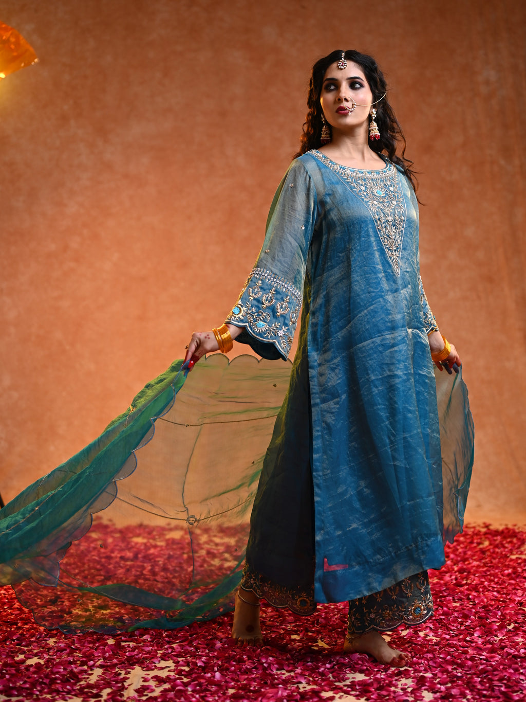 Women's Turquoise Organza Tissue Kurta Set