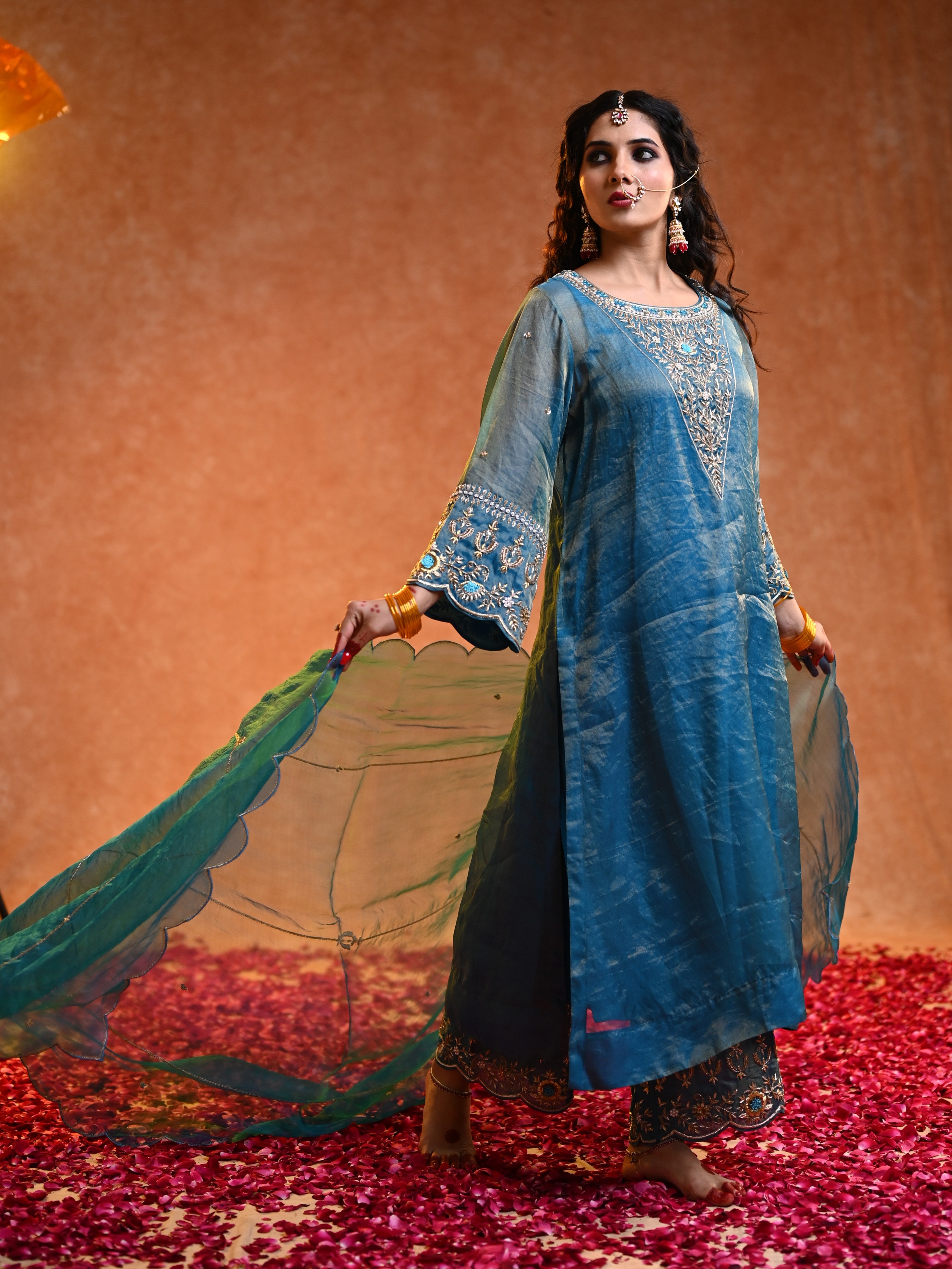 Women's Turquoise Organza Tissue Kurta Set