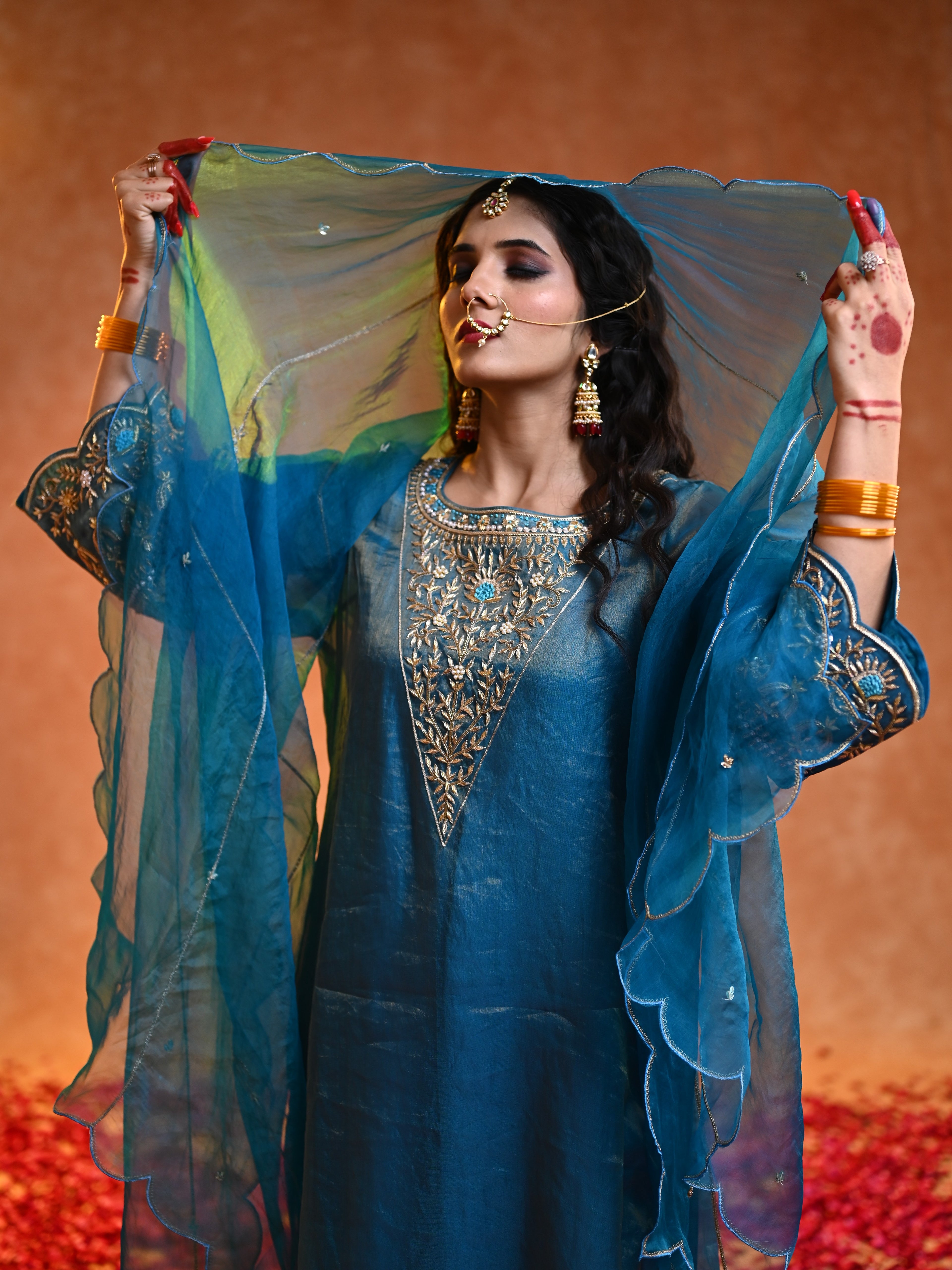 Women's Turquoise Organza Tissue Kurta Set