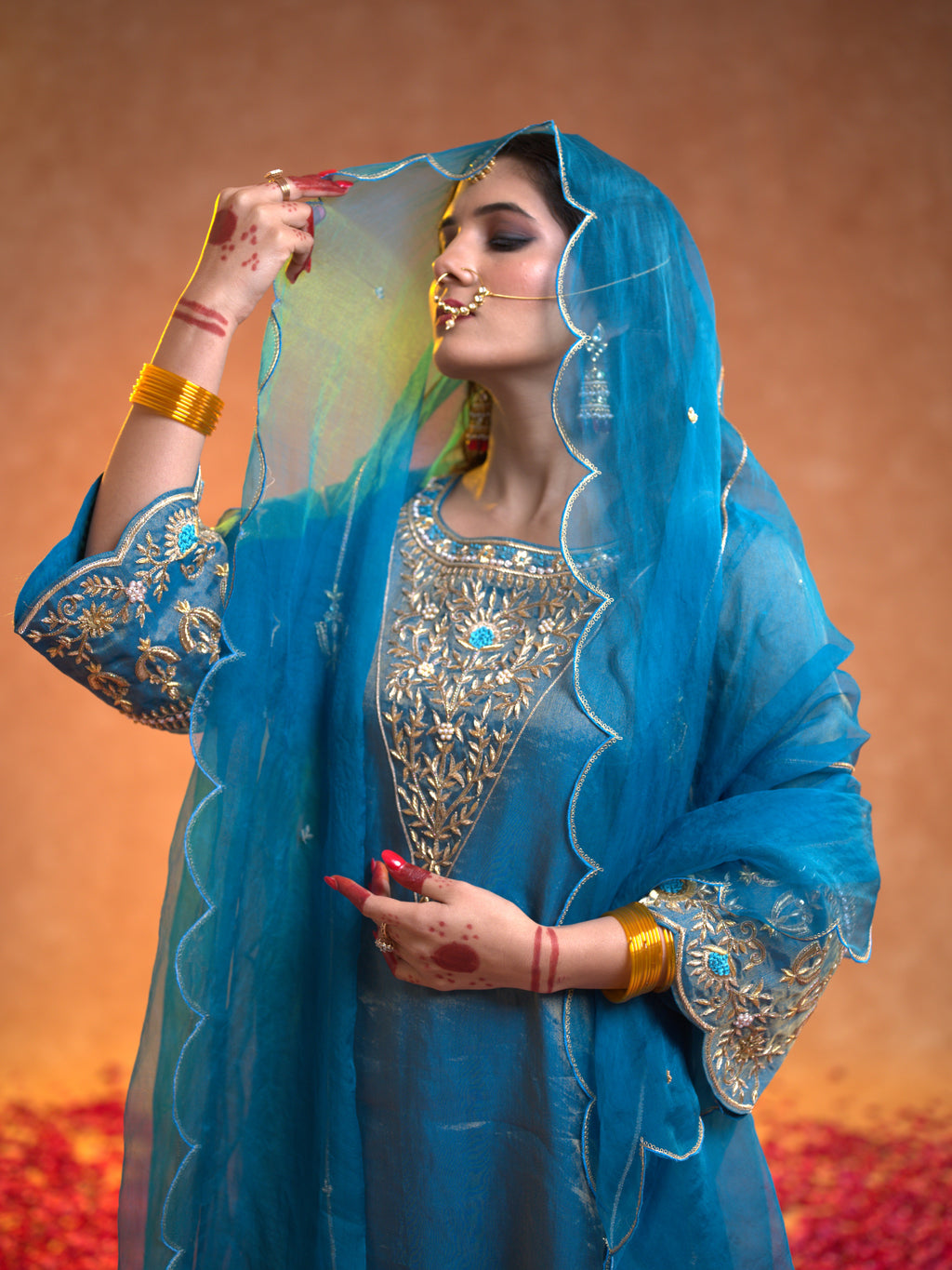 Women's Turquoise Organza Tissue Kurta Set