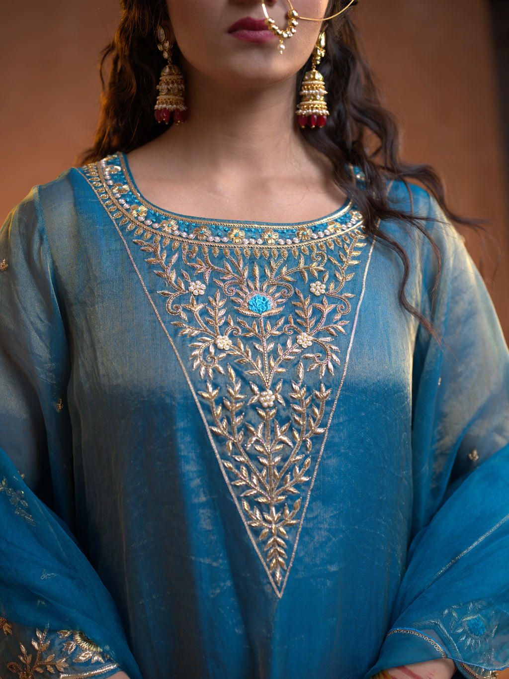 Women's Turquoise Organza Tissue Kurta Set