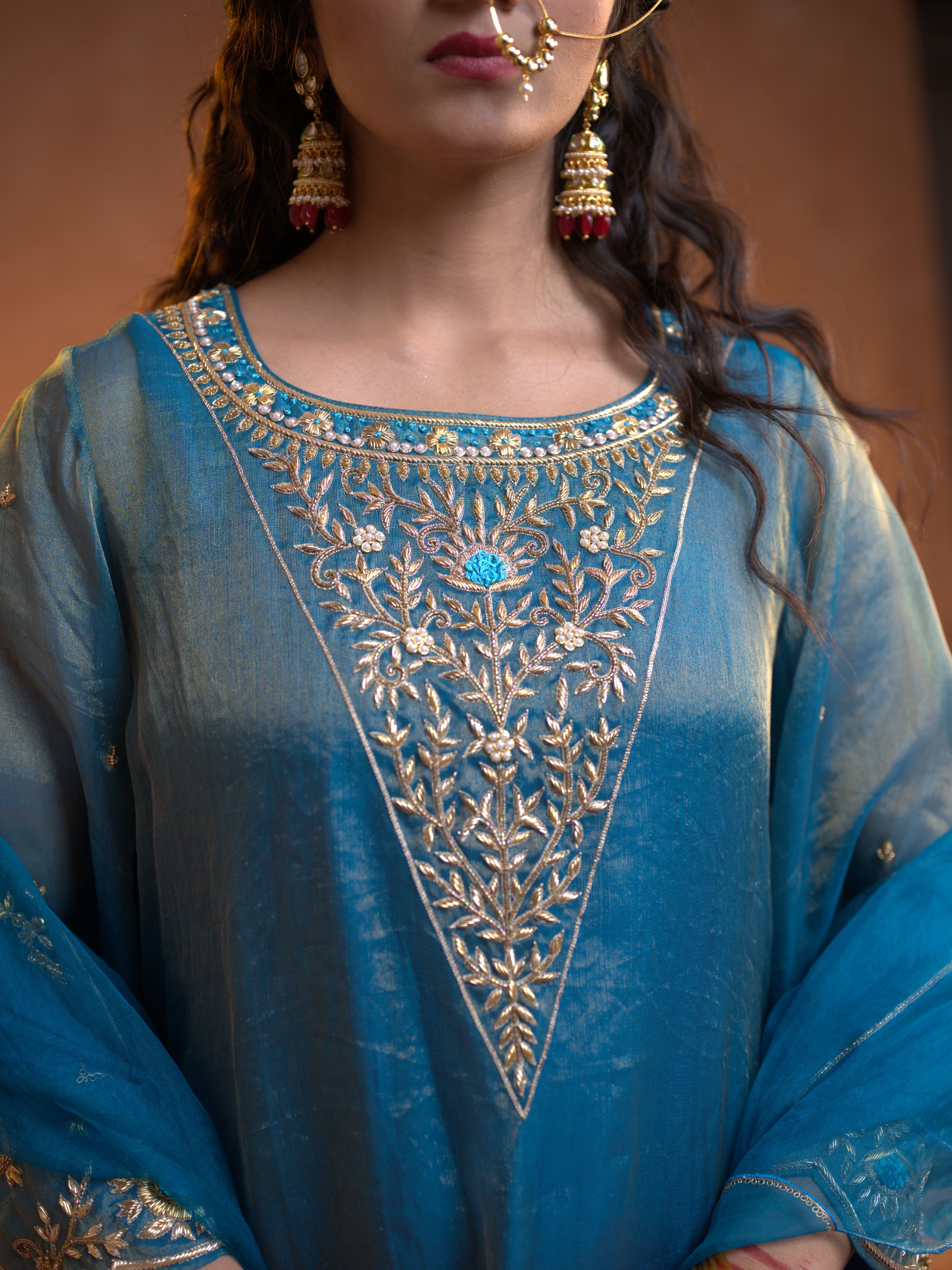 Women's Turquoise Organza Tissue Kurta Set