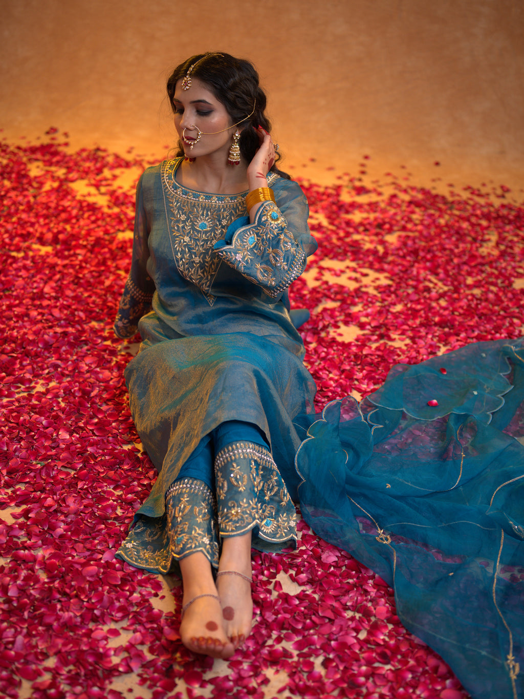 Women's Turquoise Organza Tissue Kurta Set