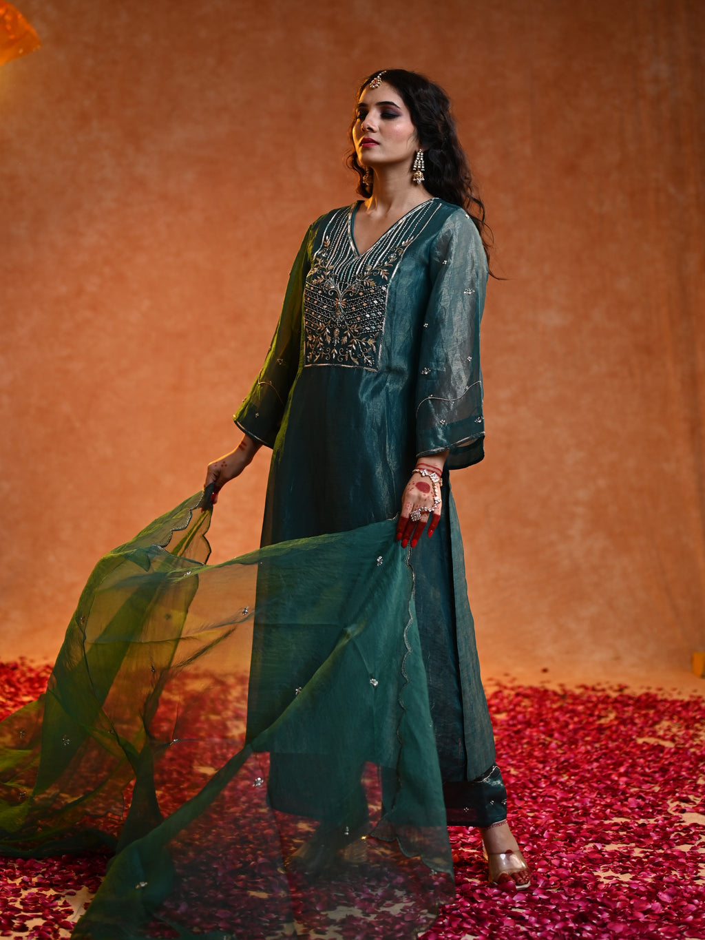 Women's Dark Green Organza Tissue Kurta Set