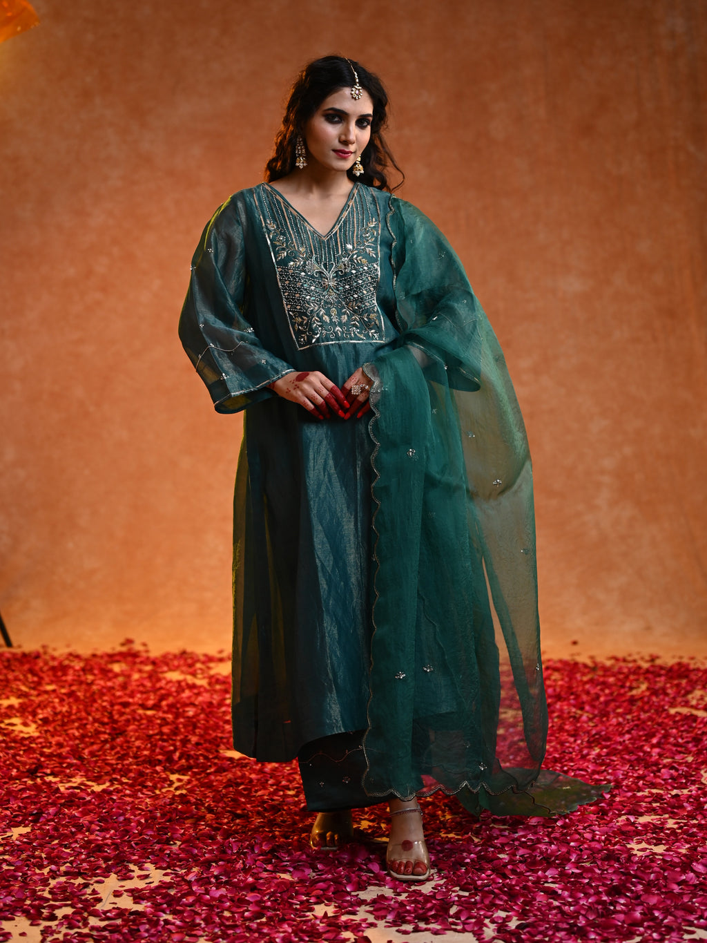 Women's Dark Green Organza Tissue Kurta Set