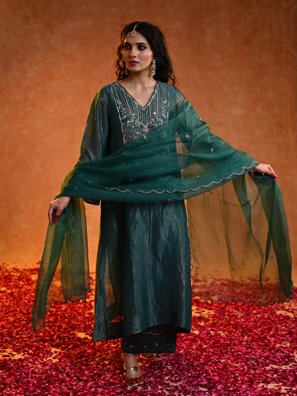 Women's Dark Green Organza Tissue Kurta Set
