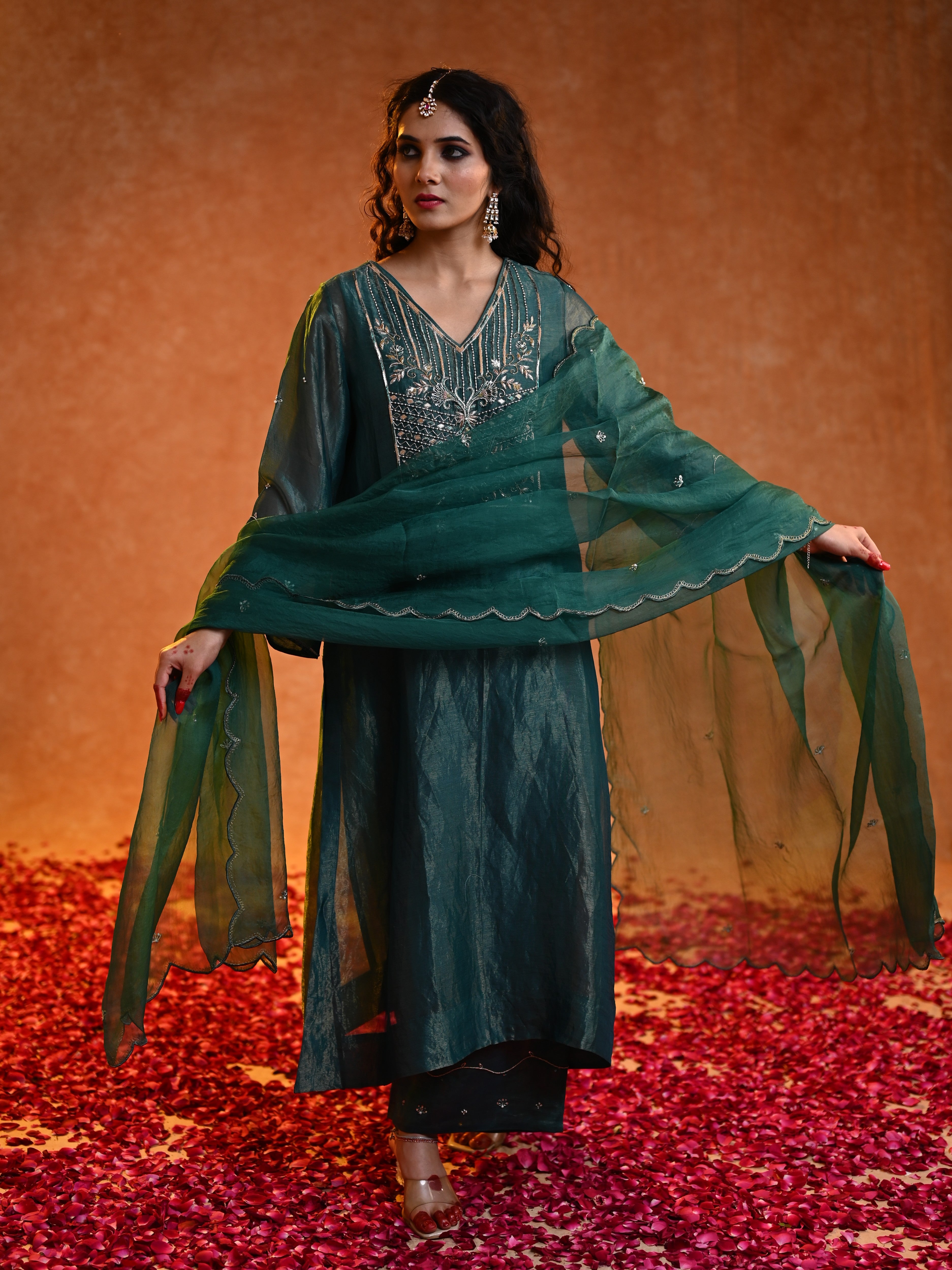 Women's Dark Green Organza Tissue Kurta Set