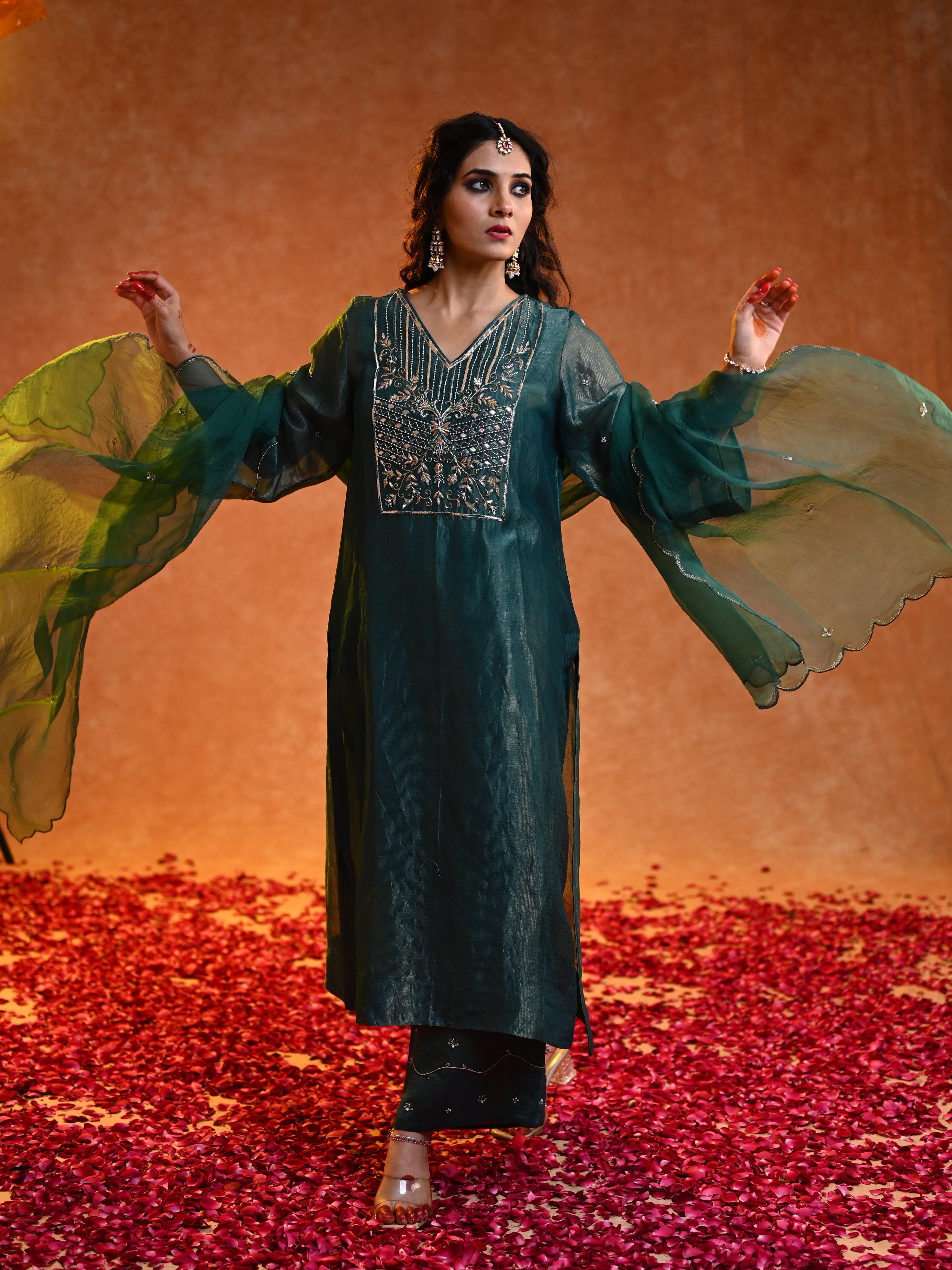Women's Dark Green Organza Tissue Kurta Set