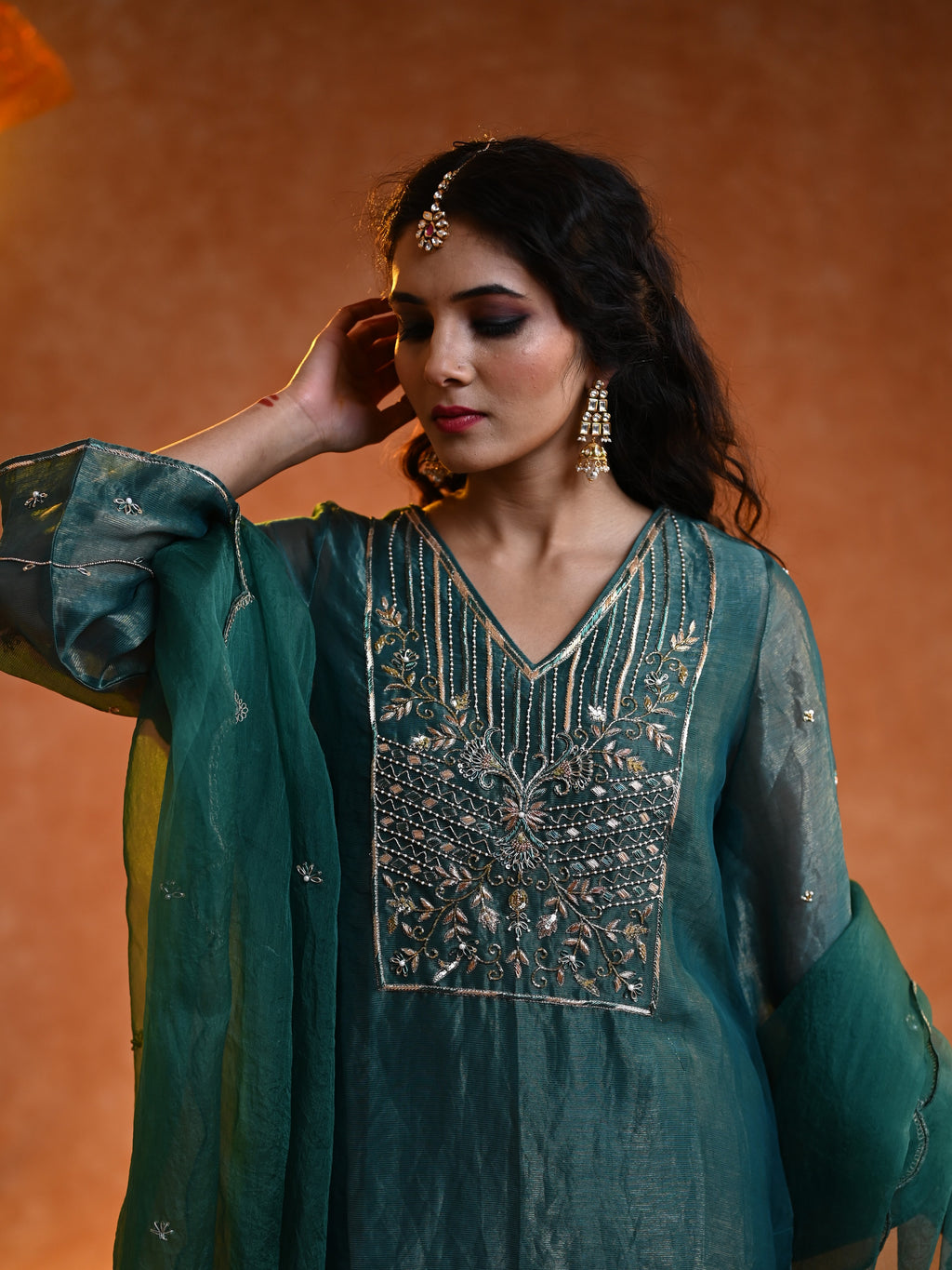 Women's Dark Green Organza Tissue Kurta Set