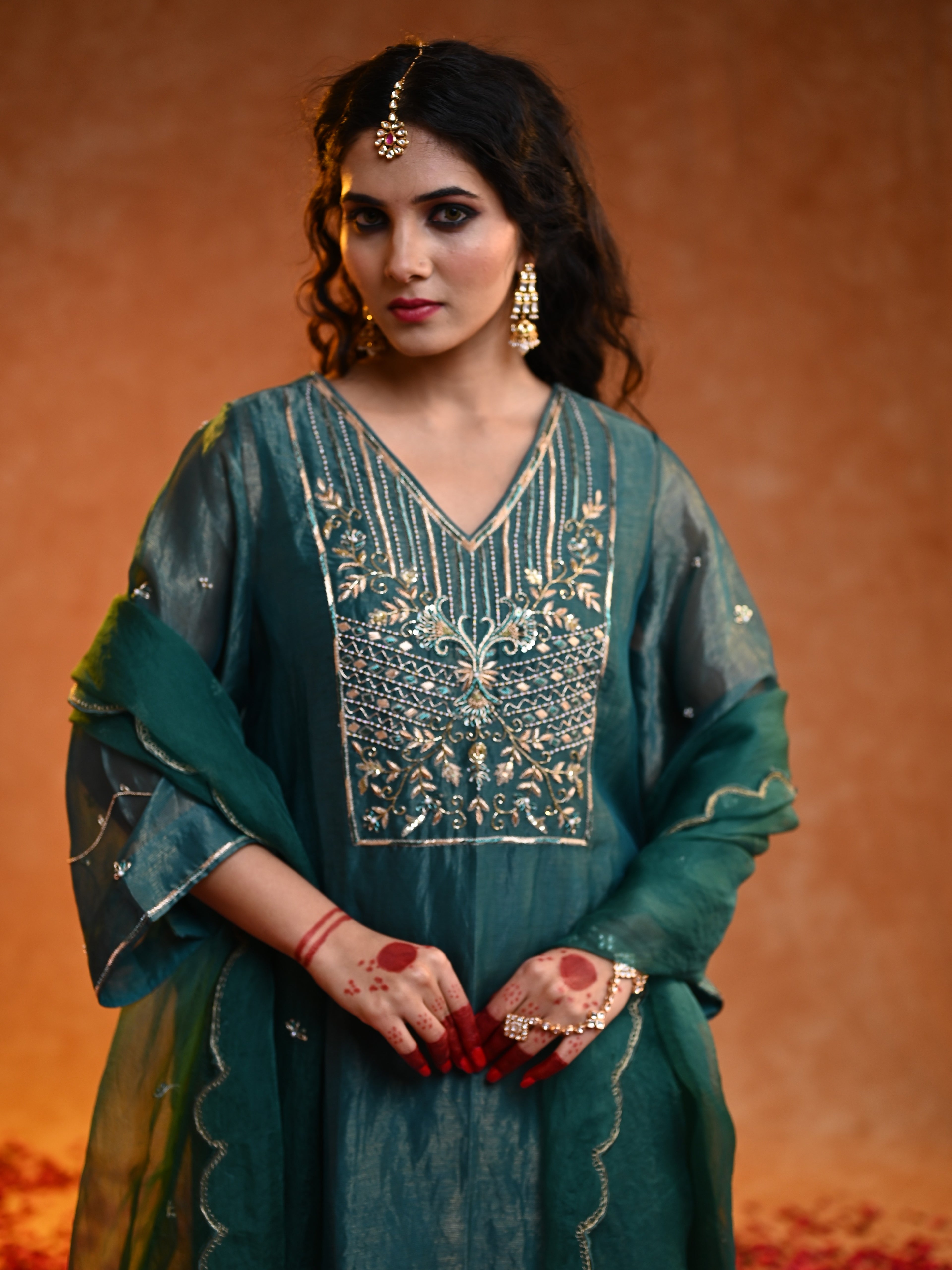 Women's Dark Green Organza Tissue Kurta Set