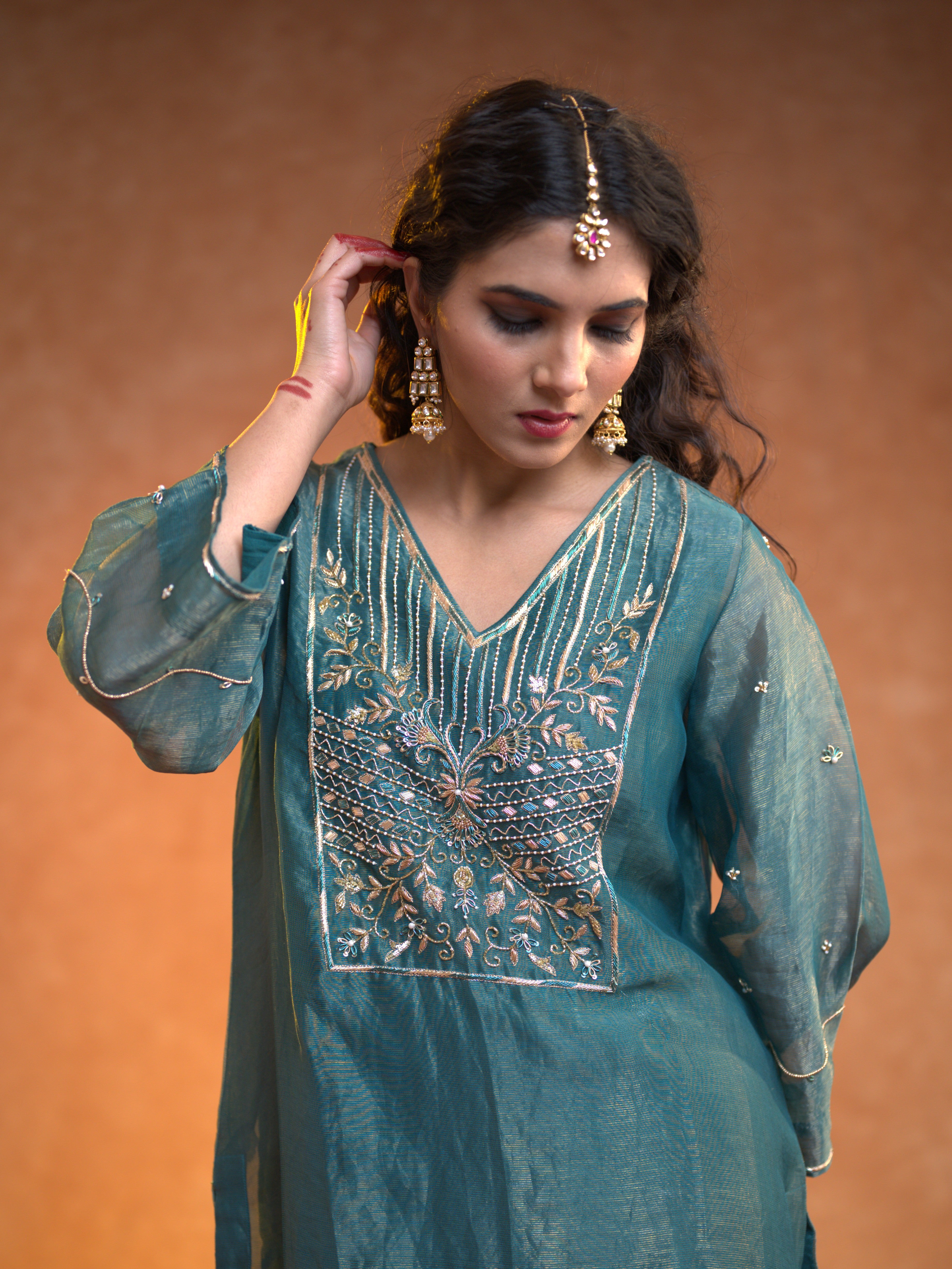 Women's Dark Green Organza Tissue Kurta Set