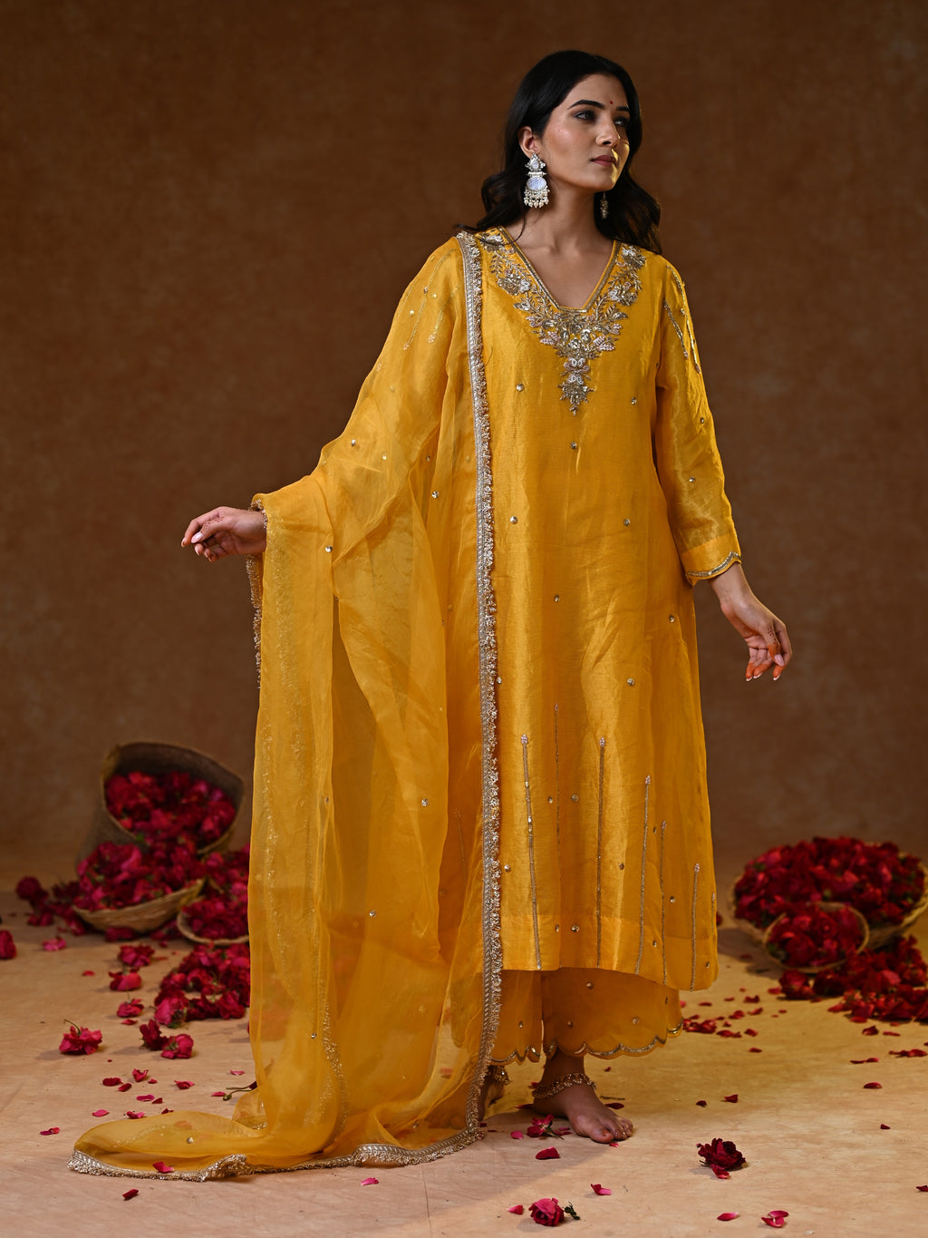 Women's Light Orange Tissue Kurta Set