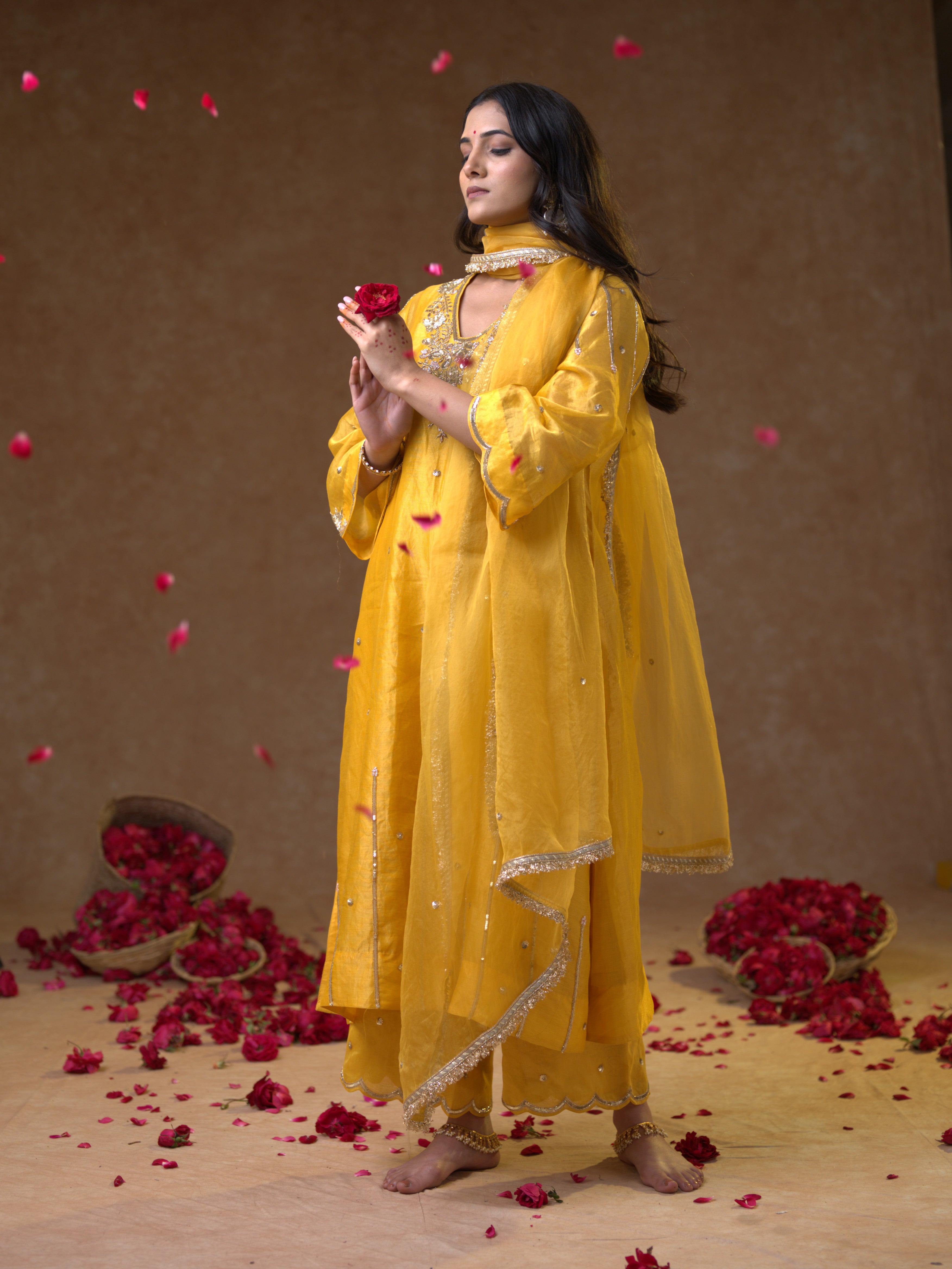 Women's Light Orange Tissue Kurta Set