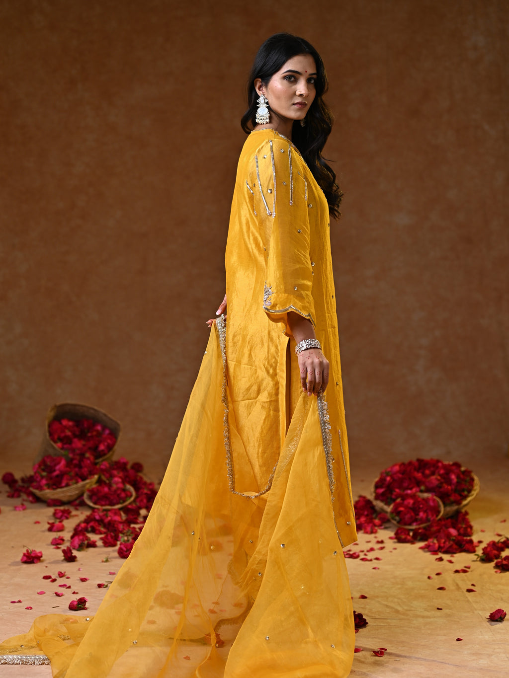 Women's Light Orange Tissue Kurta Set