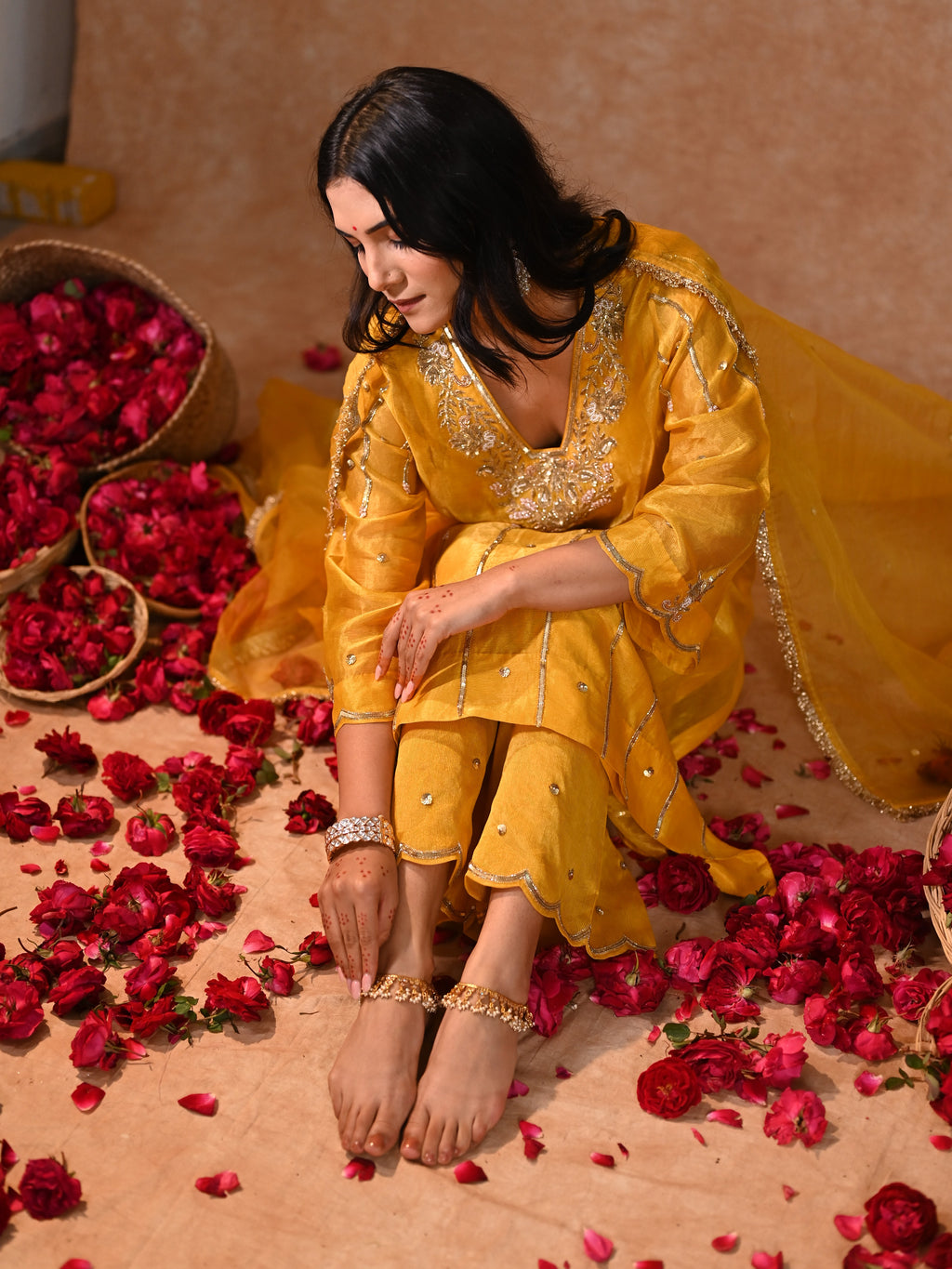 Women's Light Orange Tissue Kurta Set