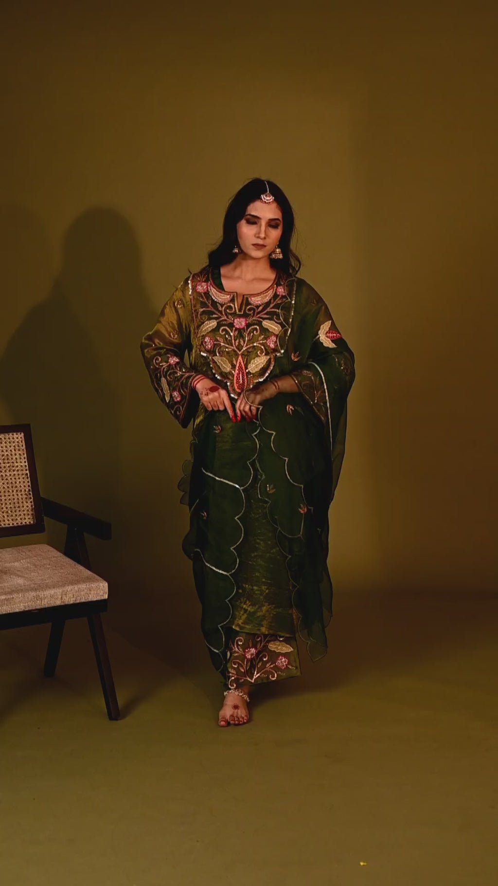 Women's Mehendi Green Organza Tissue Kurta Set