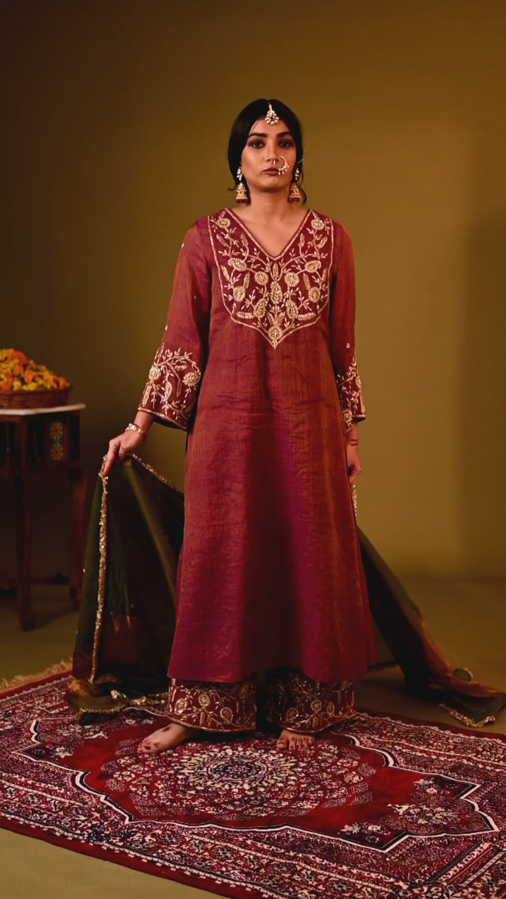 Women's Wine Handloom Tissue Kurta Set