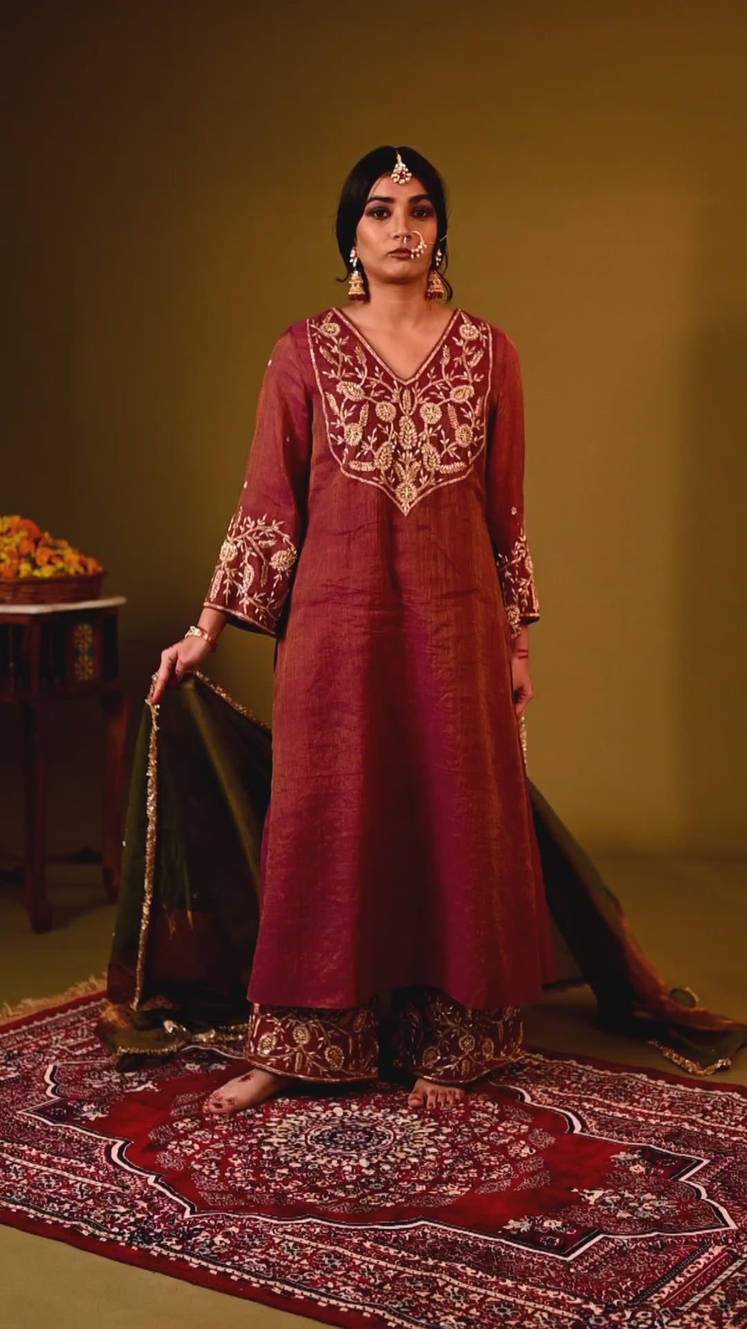 Women's Wine Handloom Tissue Kurta Set