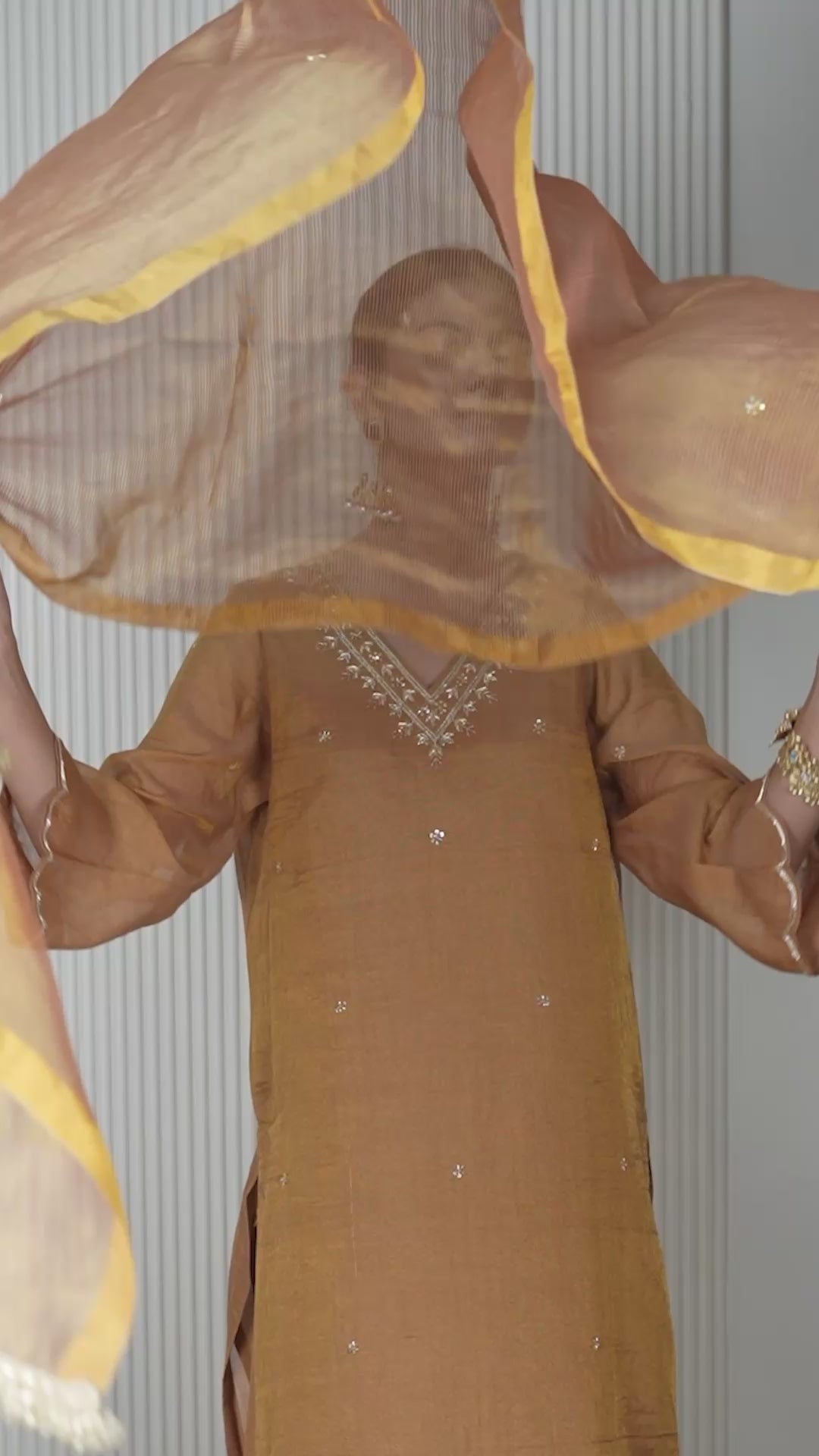 Women's Vintage Embroidered Brown Beige kurta Set