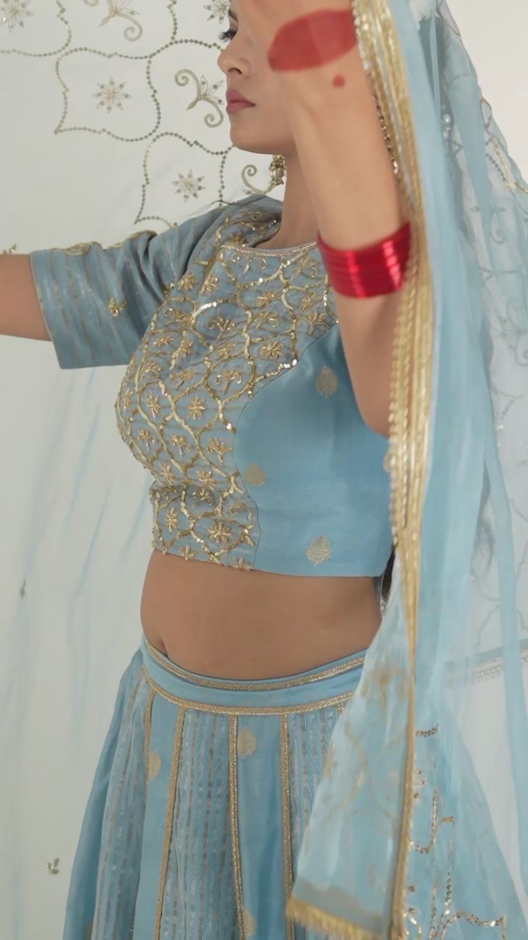 Women's Vintage Embroidered Light Blue Lehenga Set